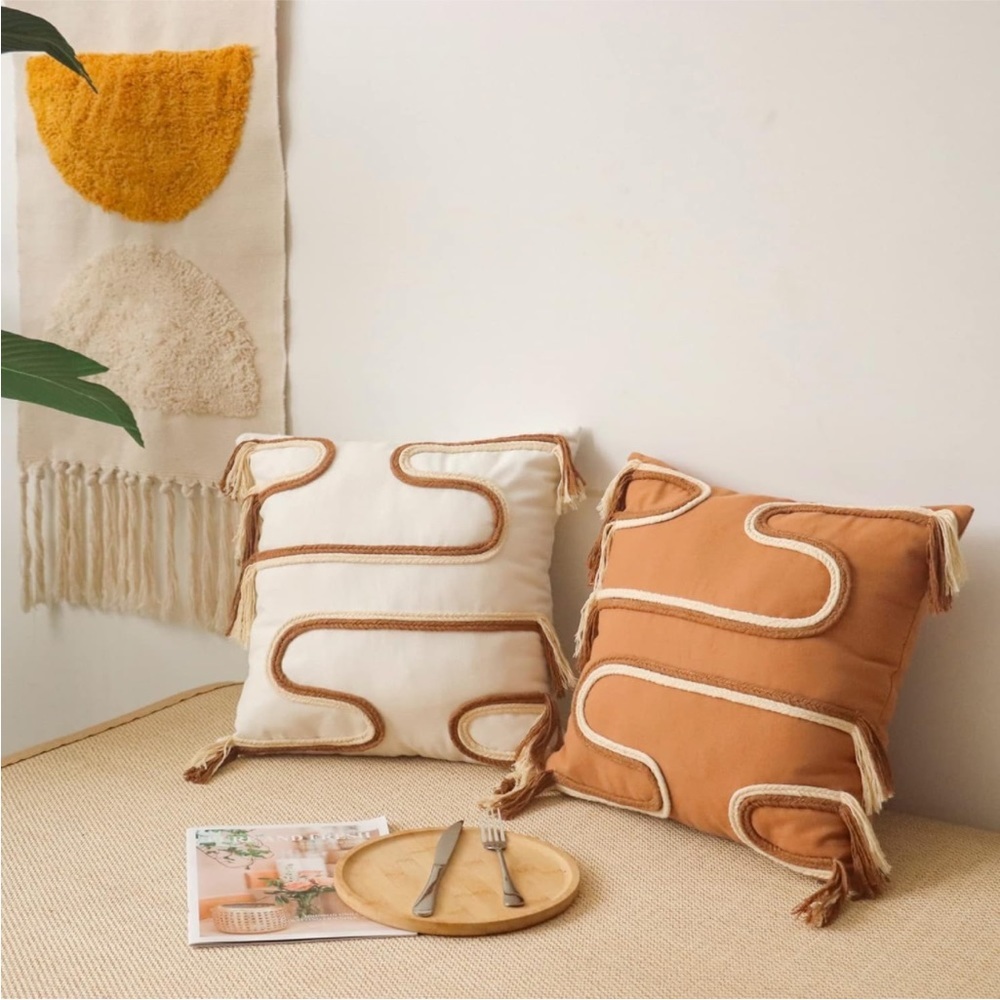 Braided Mid Century Orange Pillow Case Fringed Neutral Textured Boho Farmhouse - Picture 2 of 8